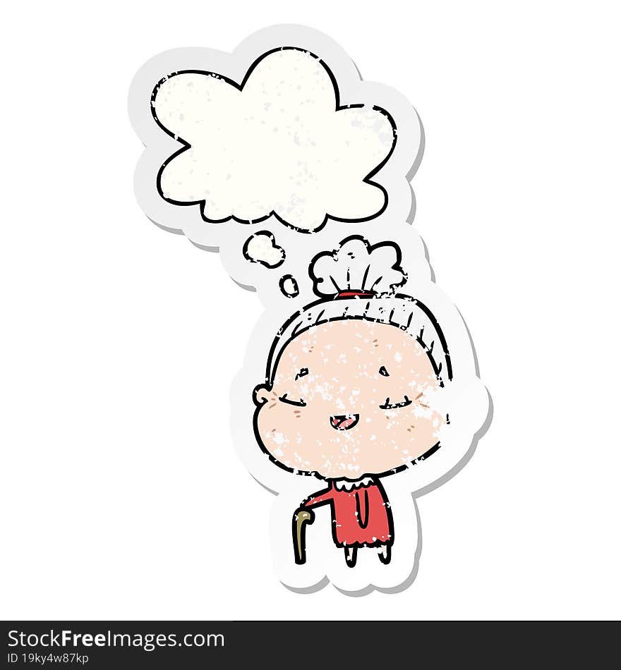 cartoon old lady with thought bubble as a distressed worn sticker