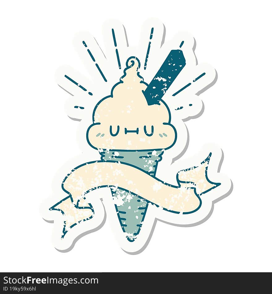 grunge sticker of tattoo style ice cream character