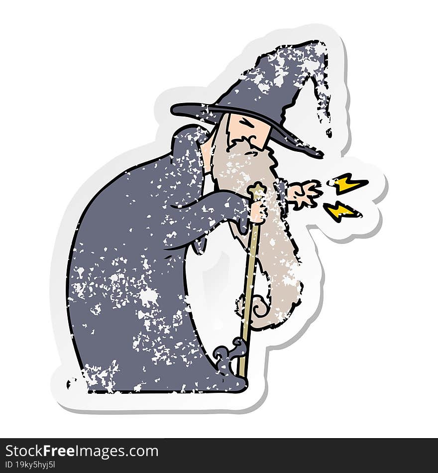 distressed sticker of a cartoon wizard