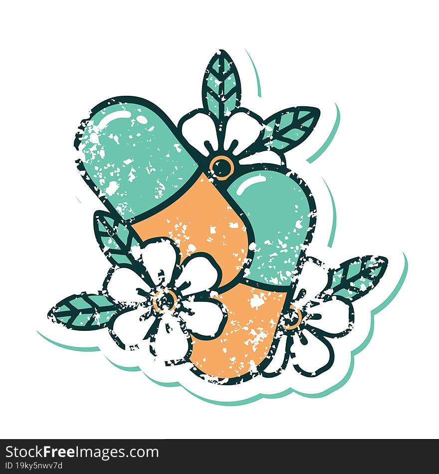 distressed sticker tattoo style icon of pills and flowers