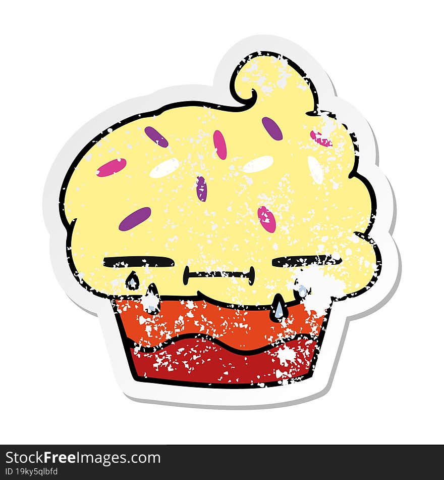 freehand drawn distressed sticker cartoon of a crying cupcake