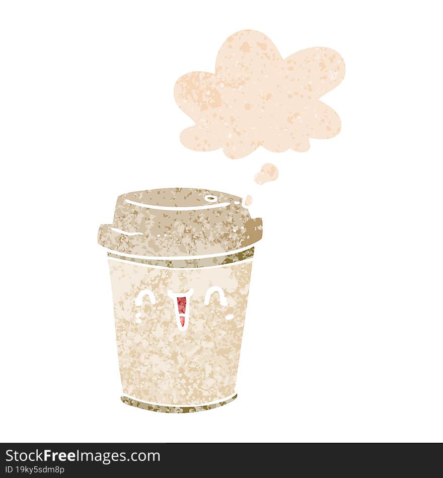 cartoon take out coffee with thought bubble in grunge distressed retro textured style. cartoon take out coffee with thought bubble in grunge distressed retro textured style