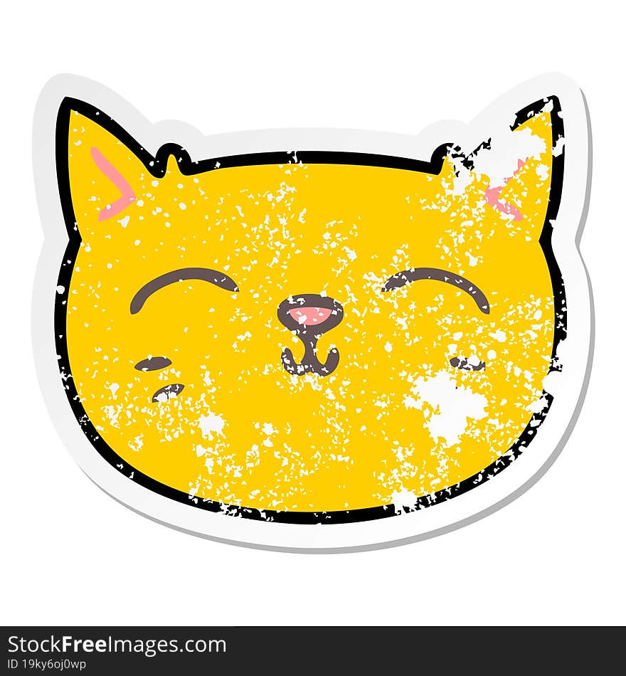 distressed sticker of a quirky hand drawn cartoon cat face