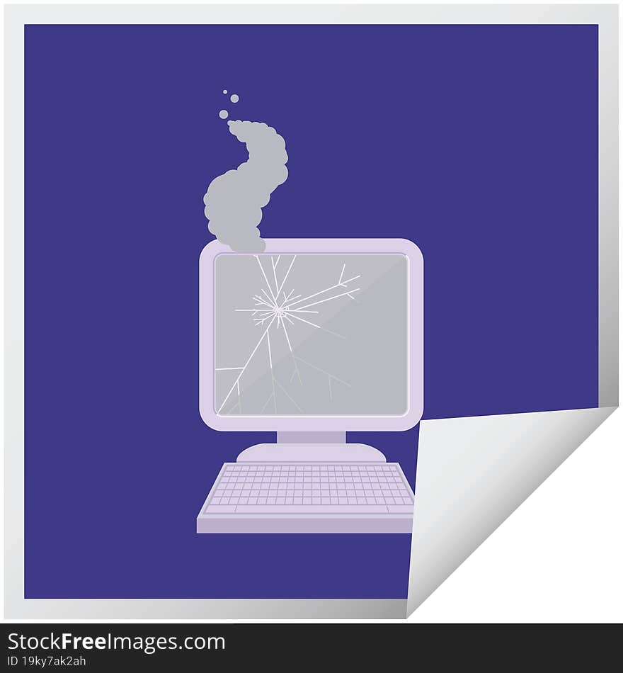 broken computer graphic vector illustration square sticker. broken computer graphic vector illustration square sticker