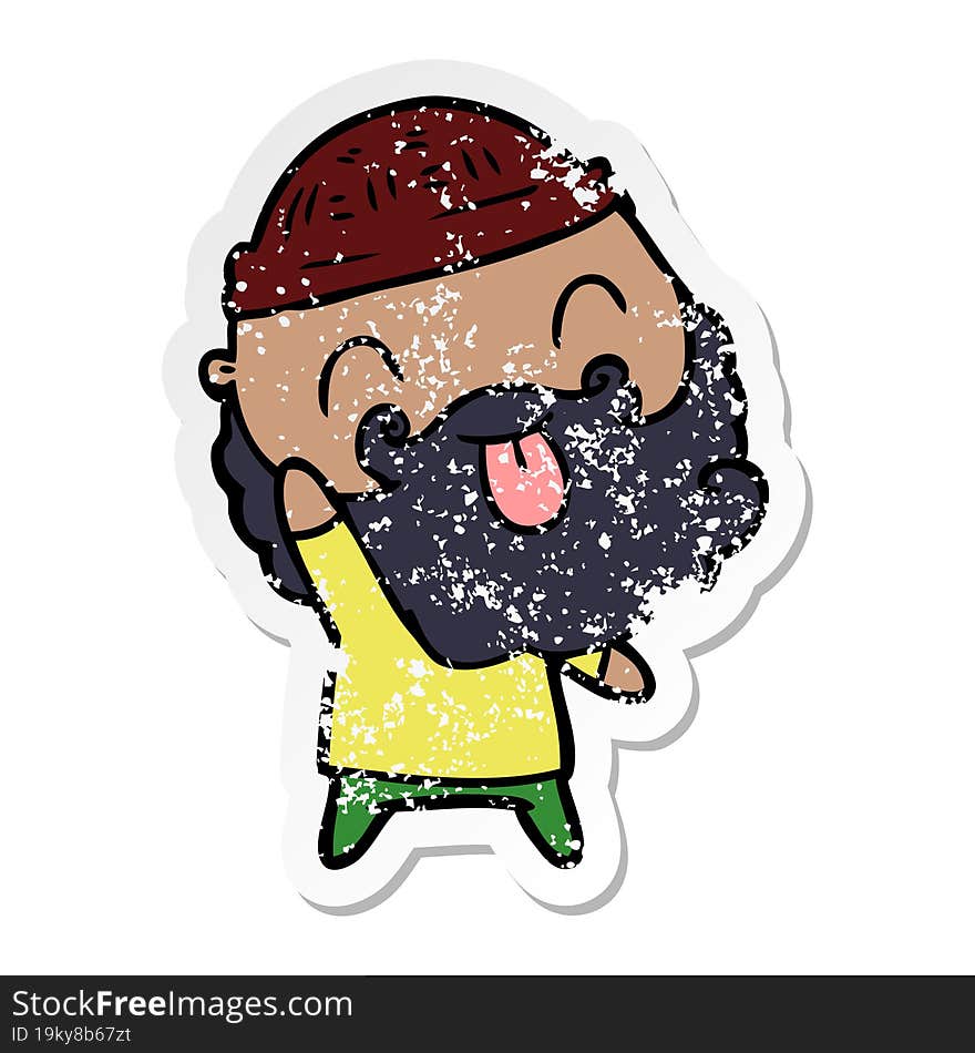 distressed sticker of a man with beard sticking out tongue