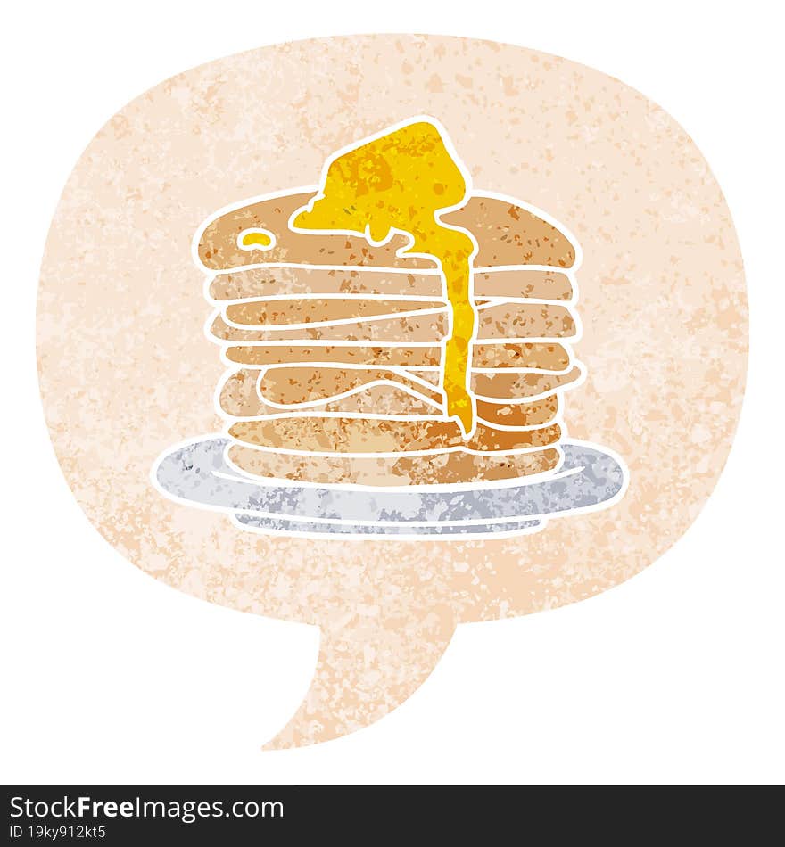 Cartoon Stack Of Pancakes And Speech Bubble In Retro Textured Style