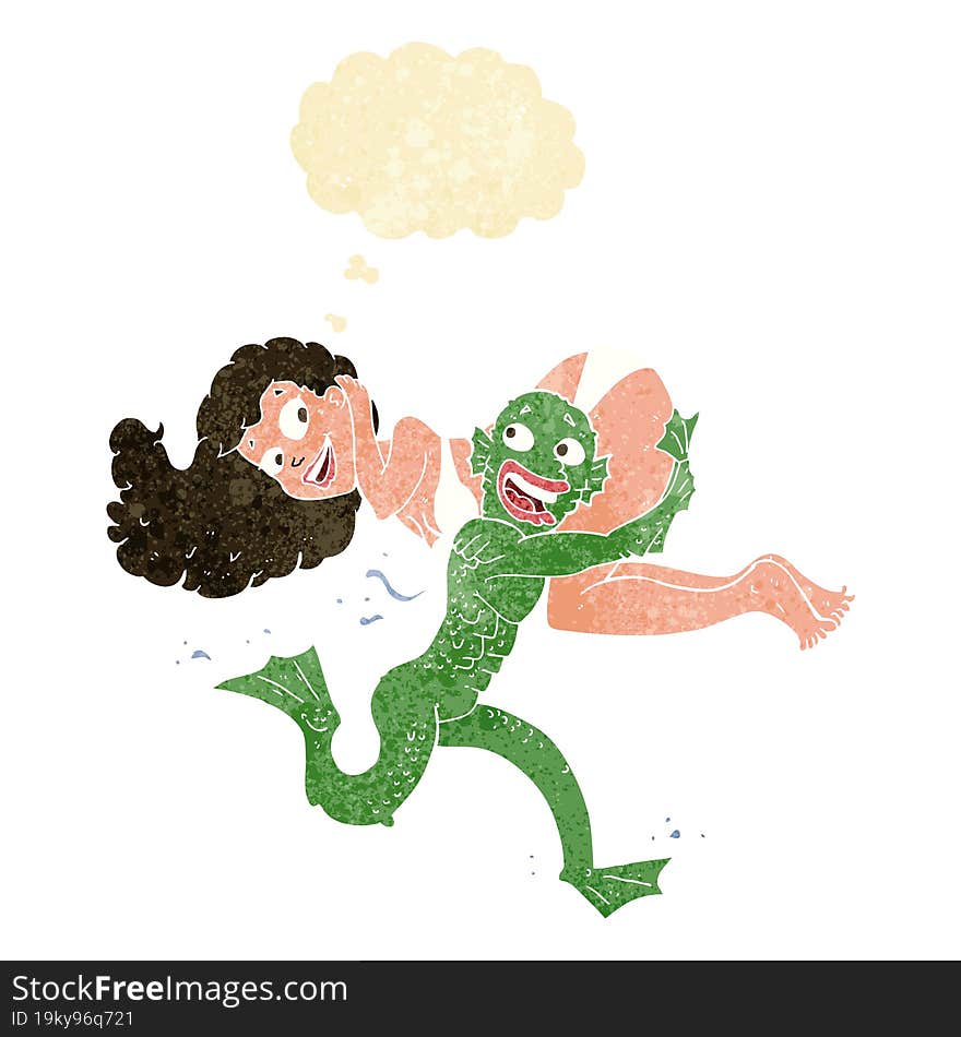 Cartoon Swamp Monster Carrying Girl In Bikini With Thought Bubble