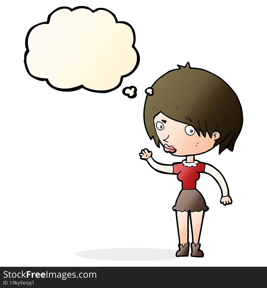 cartoon waving woman with thought bubble