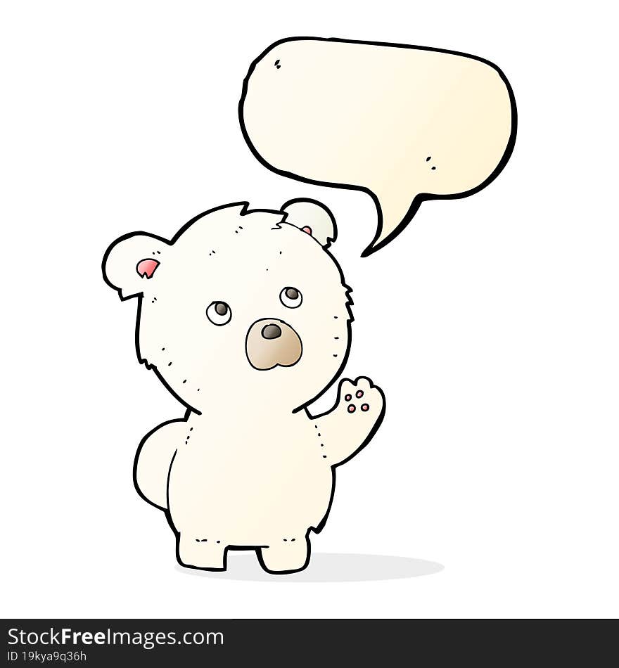 cartoon waving polar bear with speech bubble