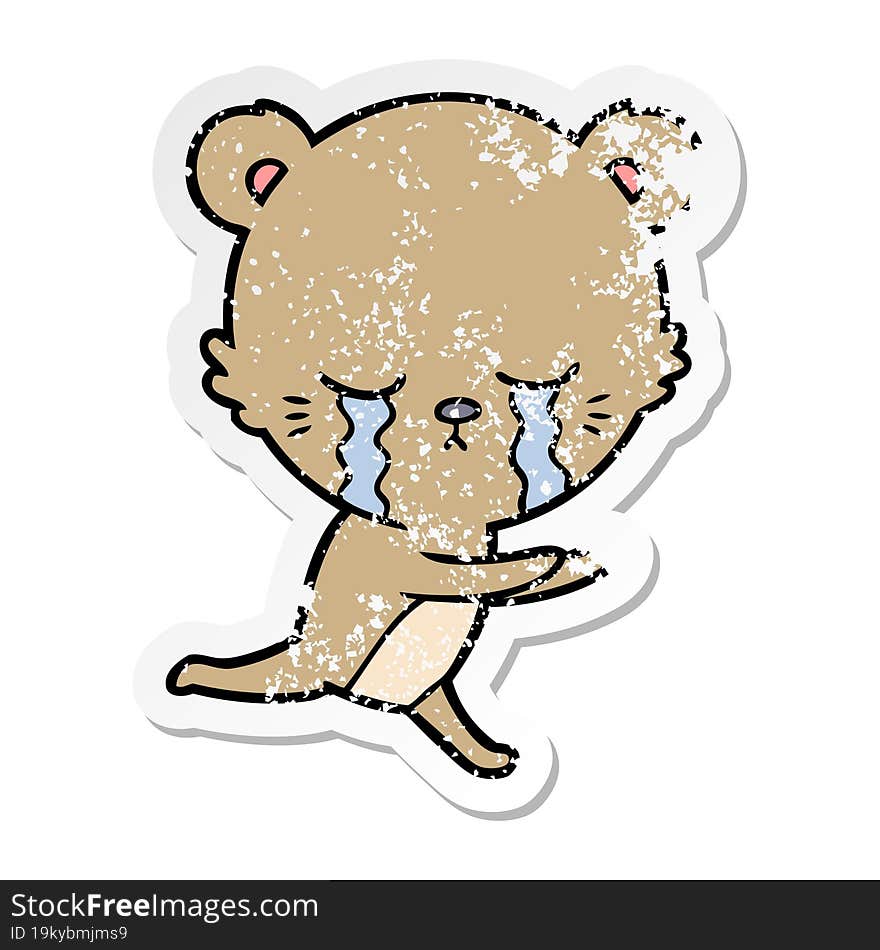 distressed sticker of a crying cartoon bear