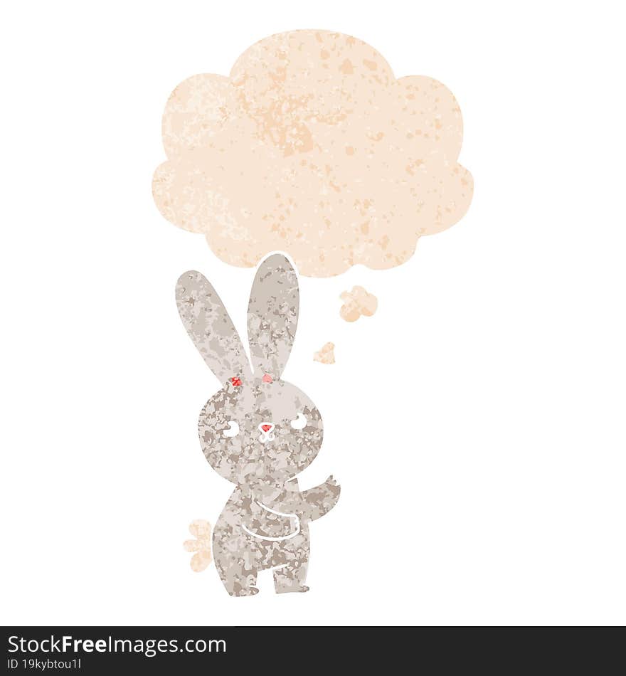 cute cartoon rabbit with thought bubble in grunge distressed retro textured style. cute cartoon rabbit with thought bubble in grunge distressed retro textured style