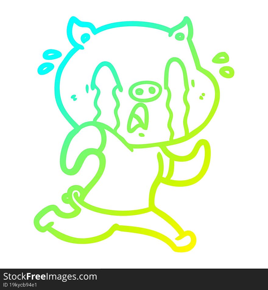 cold gradient line drawing of a crying pig cartoon