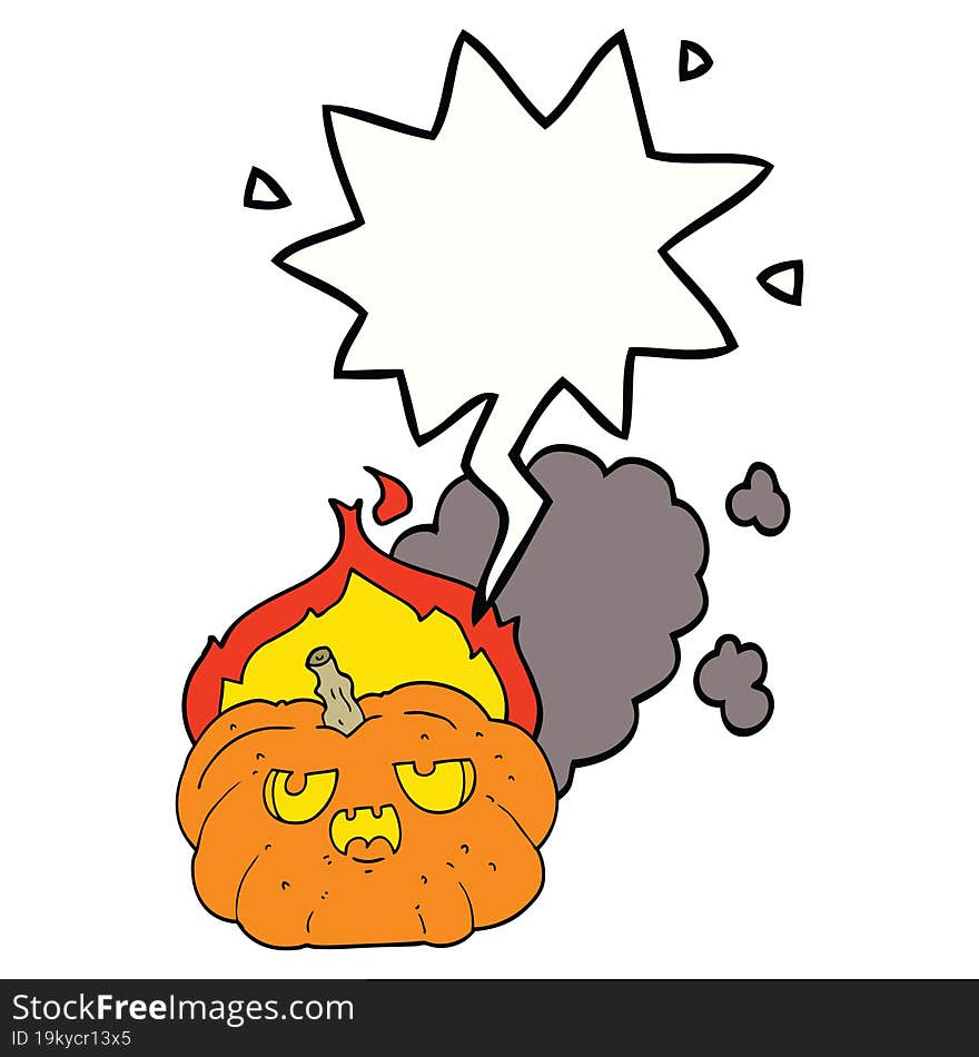 cartoon flaming halloween pumpkin and speech bubble