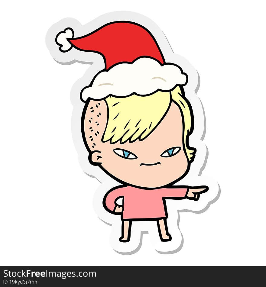 cute sticker cartoon of a girl with hipster haircut wearing santa hat