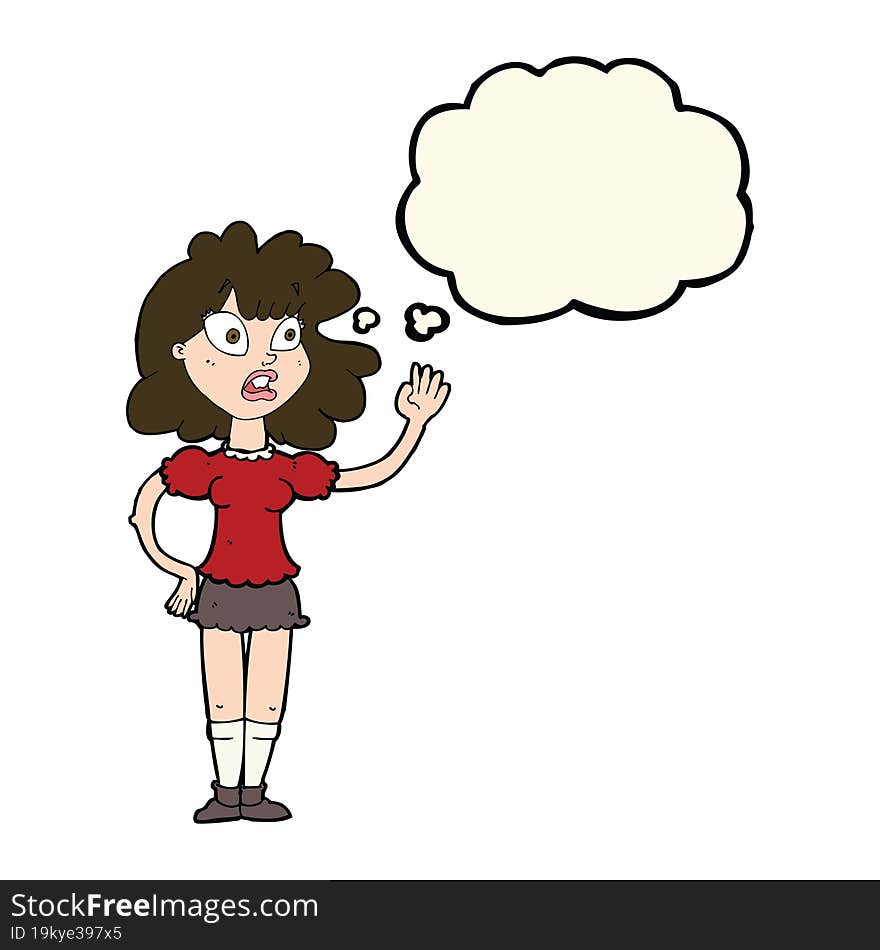 Cartoon Worried Woman Waving With Thought Bubble