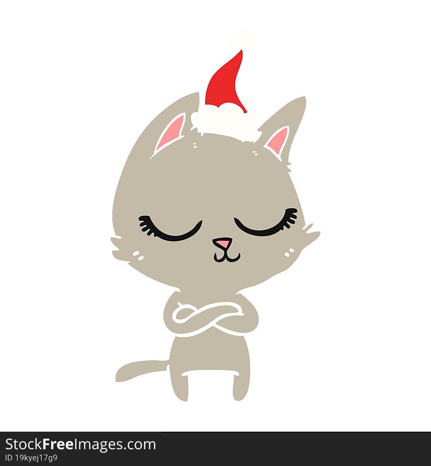 Calm Flat Color Illustration Of A Cat Wearing Santa Hat