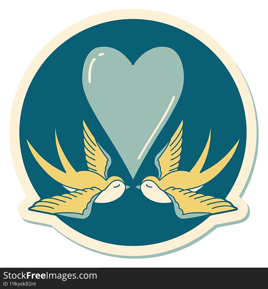 sticker of tattoo in traditional style of swallows and a heart. sticker of tattoo in traditional style of swallows and a heart