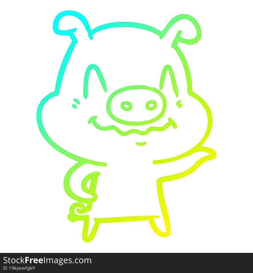 cold gradient line drawing of a nervous cartoon pig