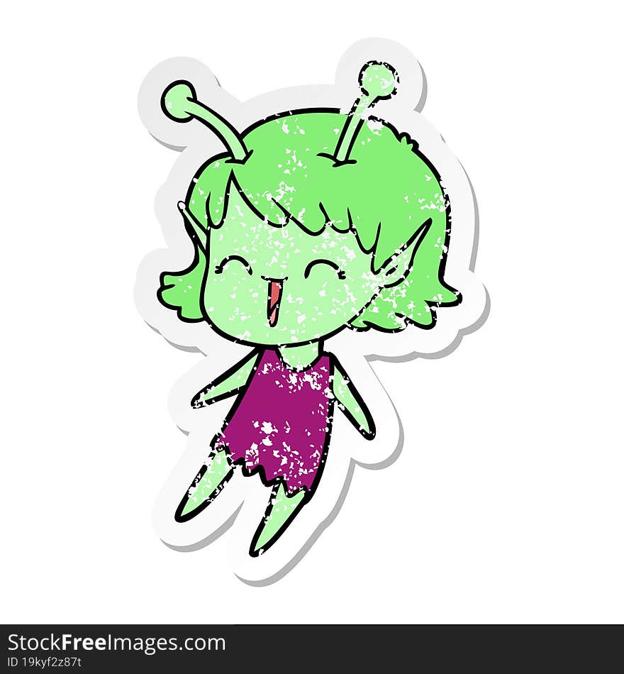 Distressed Sticker Of A Cartoon Alien Girl Laughing