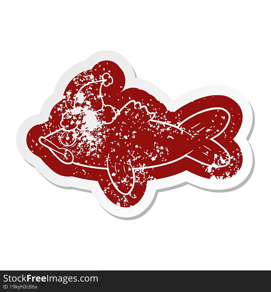 cartoon distressed sticker of a fish wearing santa hat