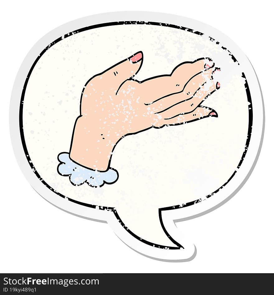 cartoon hand and speech bubble distressed sticker