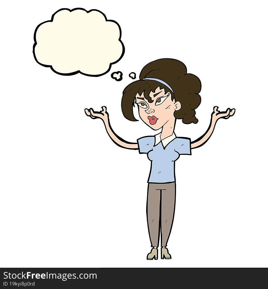 cartoon woman raising hands in air with thought bubble