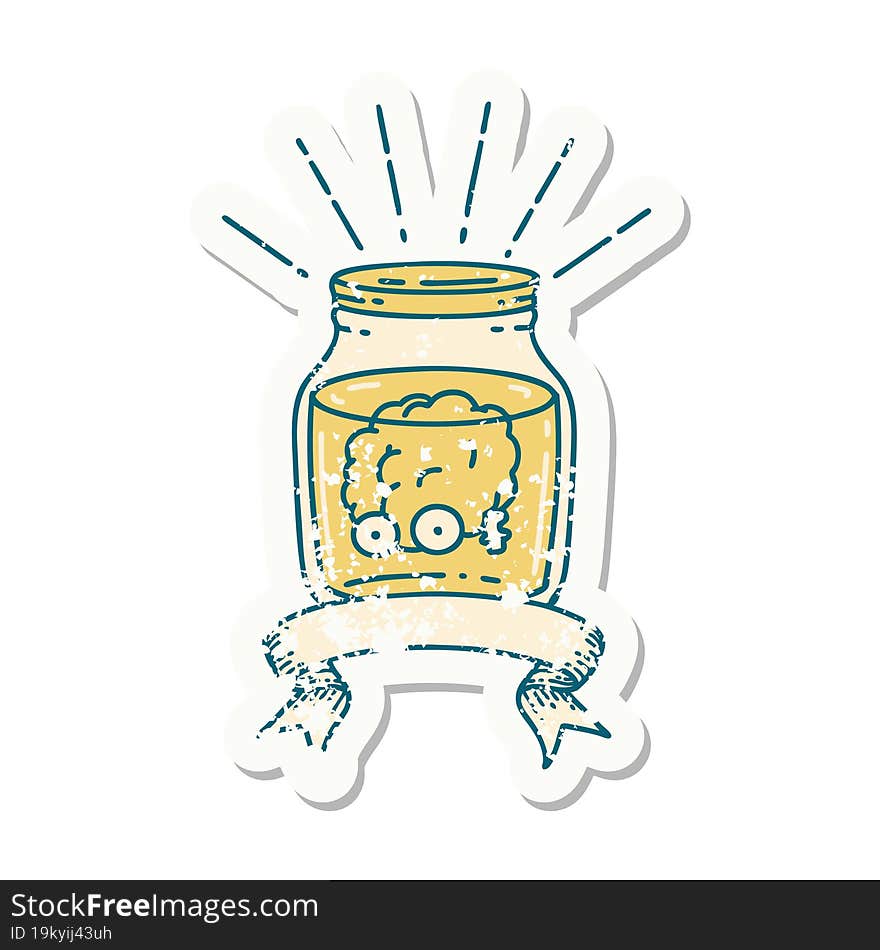 worn old sticker of a tattoo style brain in jar. worn old sticker of a tattoo style brain in jar