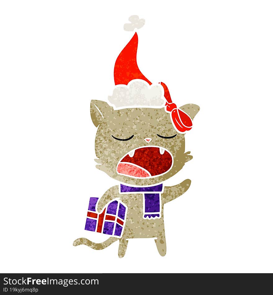 retro cartoon of a cat with christmas present wearing santa hat