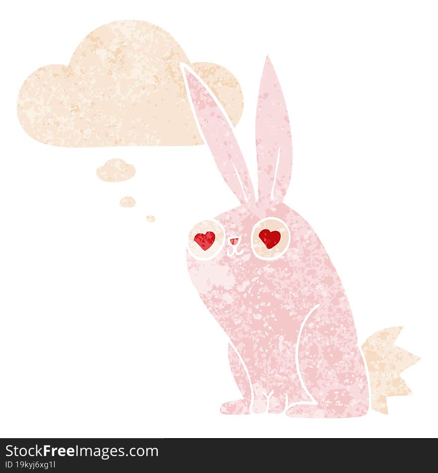 Cartoon Bunny Rabbit In Love And Thought Bubble In Retro Textured Style