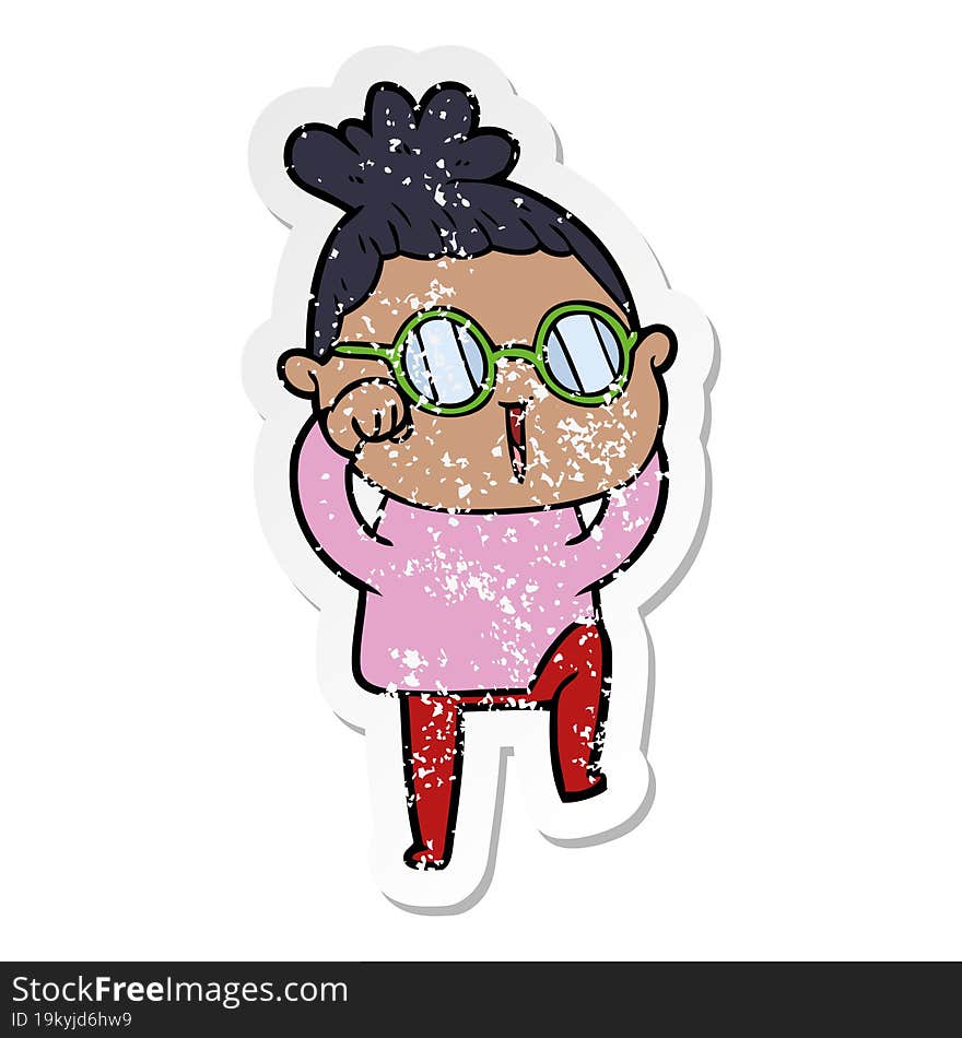 distressed sticker of a cartoon woman wearing spectacles