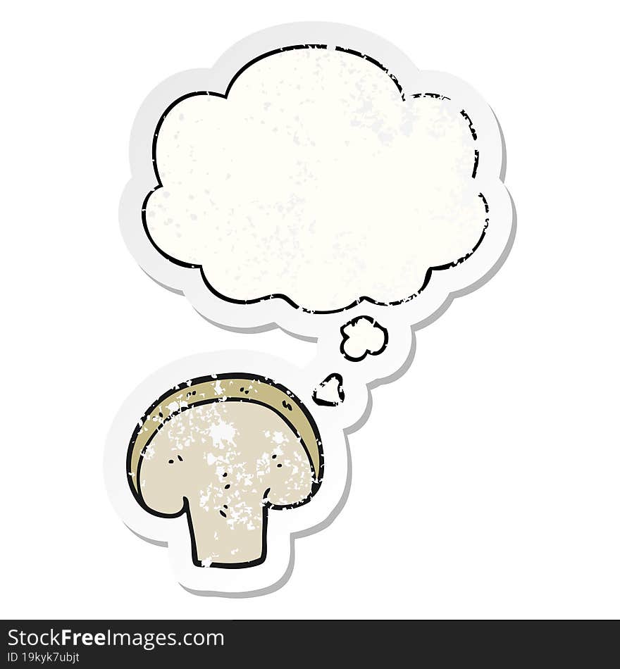 cartoon mushroom slice and thought bubble as a distressed worn sticker