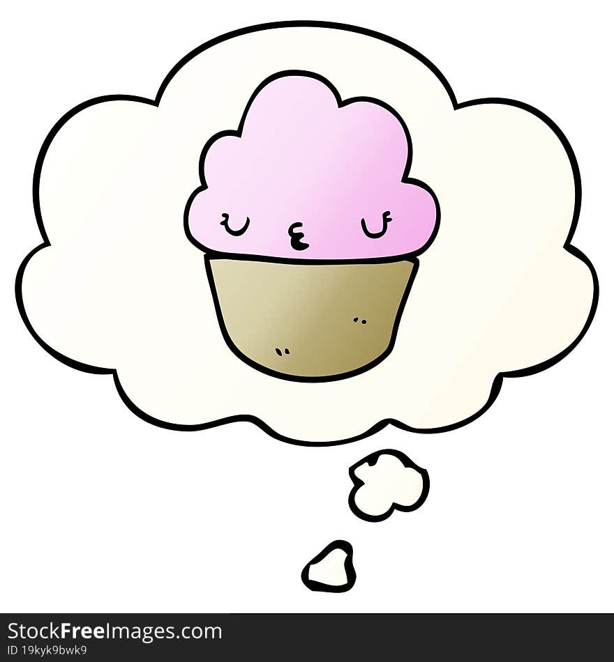 cartoon cupcake with face and thought bubble in smooth gradient style