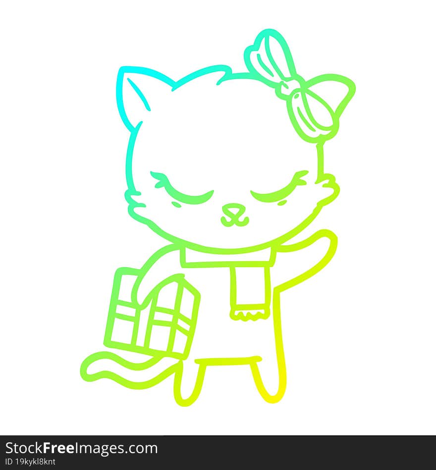 Cold Gradient Line Drawing Cute Cartoon Cat With Present