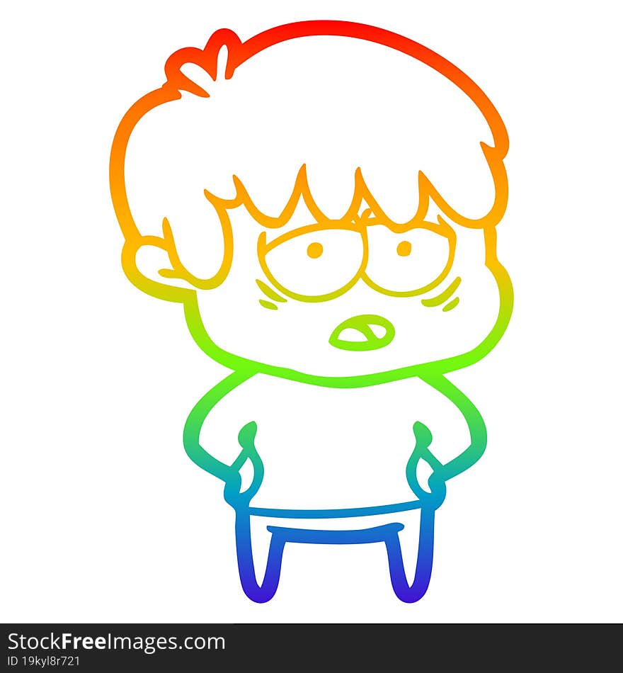 rainbow gradient line drawing cartoon exhausted boy