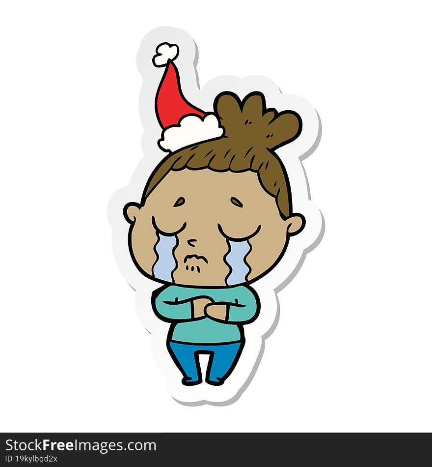 hand drawn sticker cartoon of a crying woman wearing santa hat