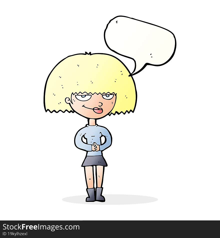 cartoon sly woman with speech bubble