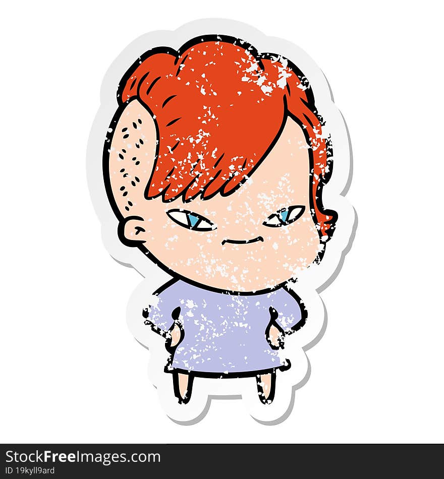 distressed sticker of a cute cartoon girl with hipster haircut