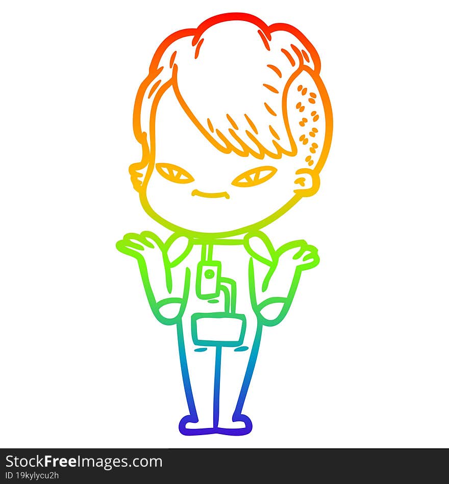 rainbow gradient line drawing of a cute cartoon girl with hipster haircut