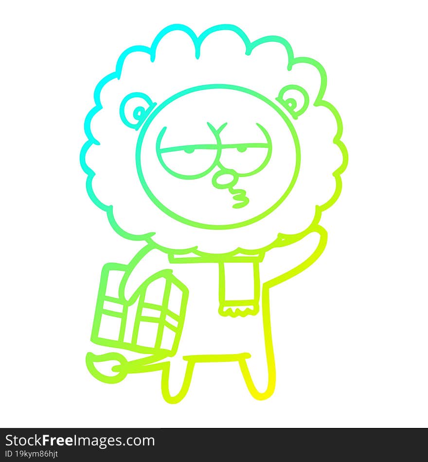 cold gradient line drawing cartoon tired lion with gift