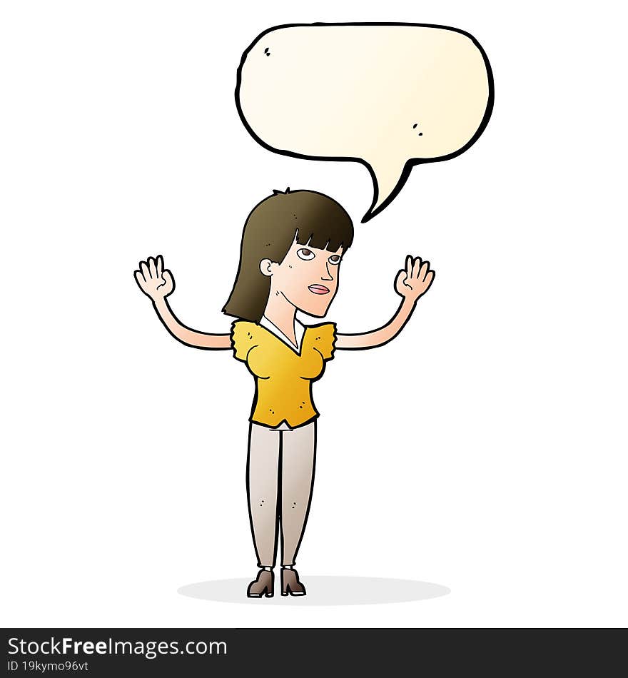 cartoon woman throwing hands in air with speech bubble