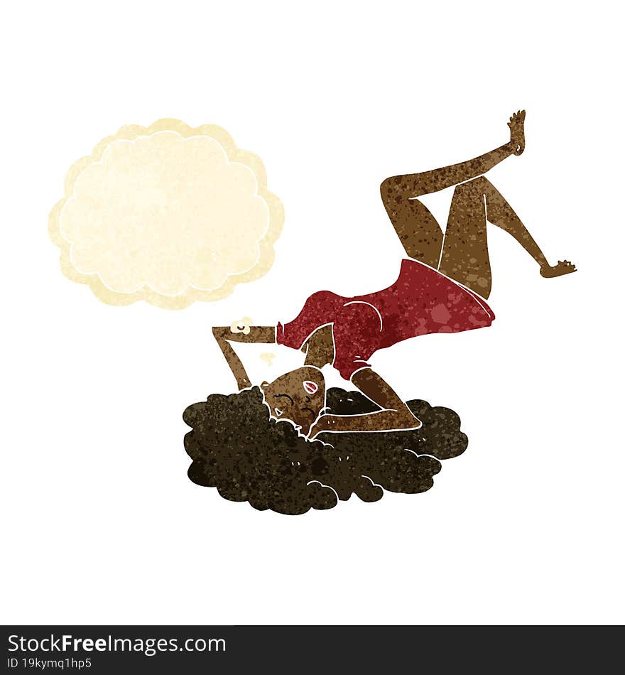 cartoon woman lying on floor with thought bubble