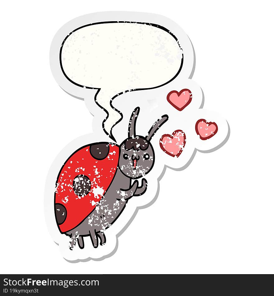 cute cartoon ladybug in love and speech bubble distressed sticker