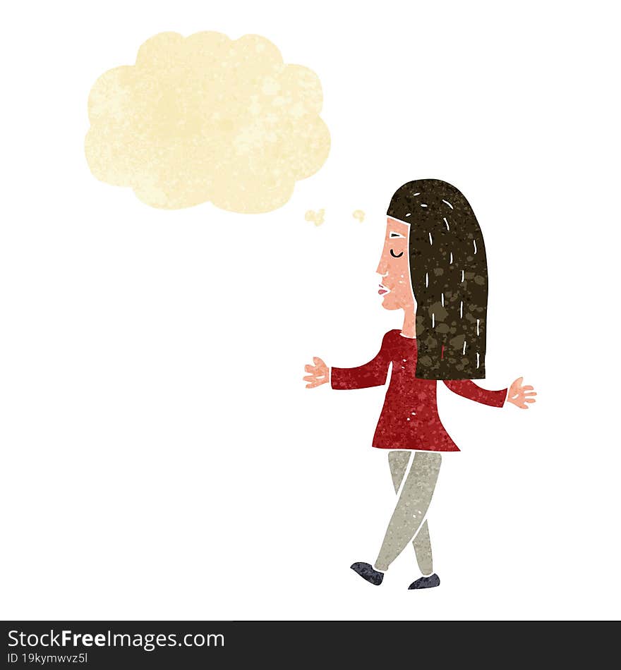 cartoon woman shrugging shoulders with thought bubble