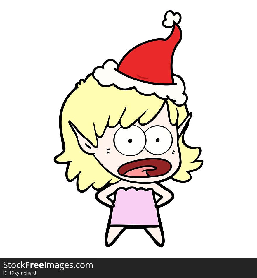 line drawing of a shocked elf girl wearing santa hat