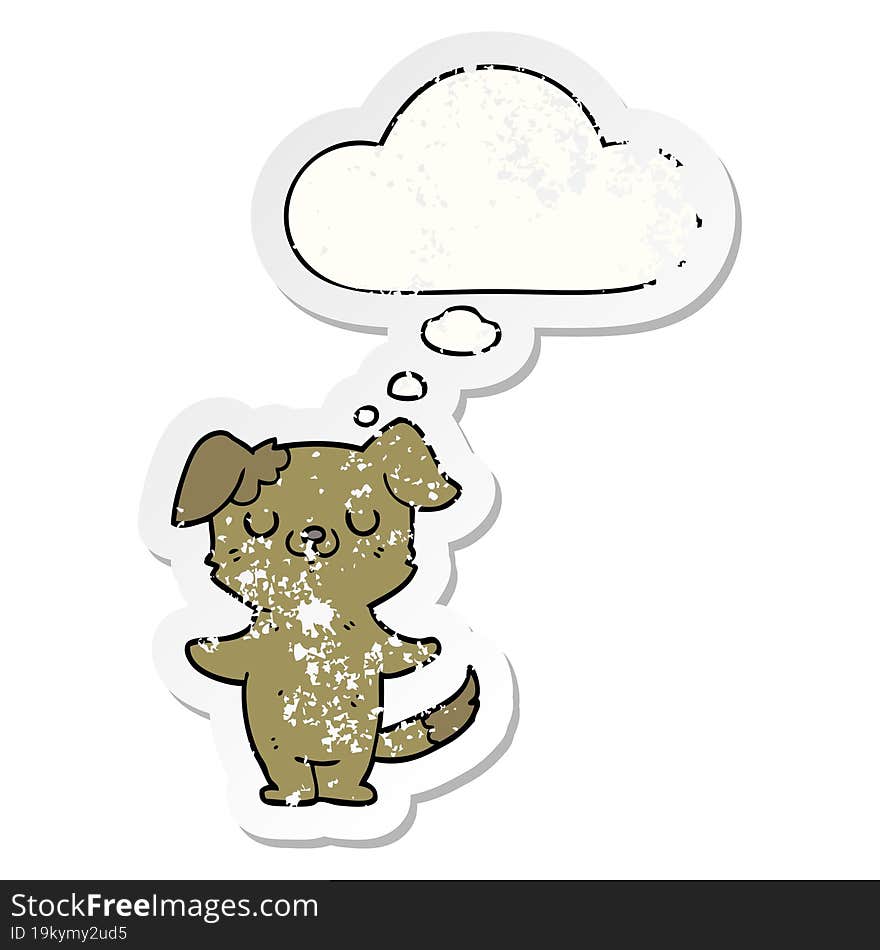 cartoon puppy and thought bubble as a distressed worn sticker