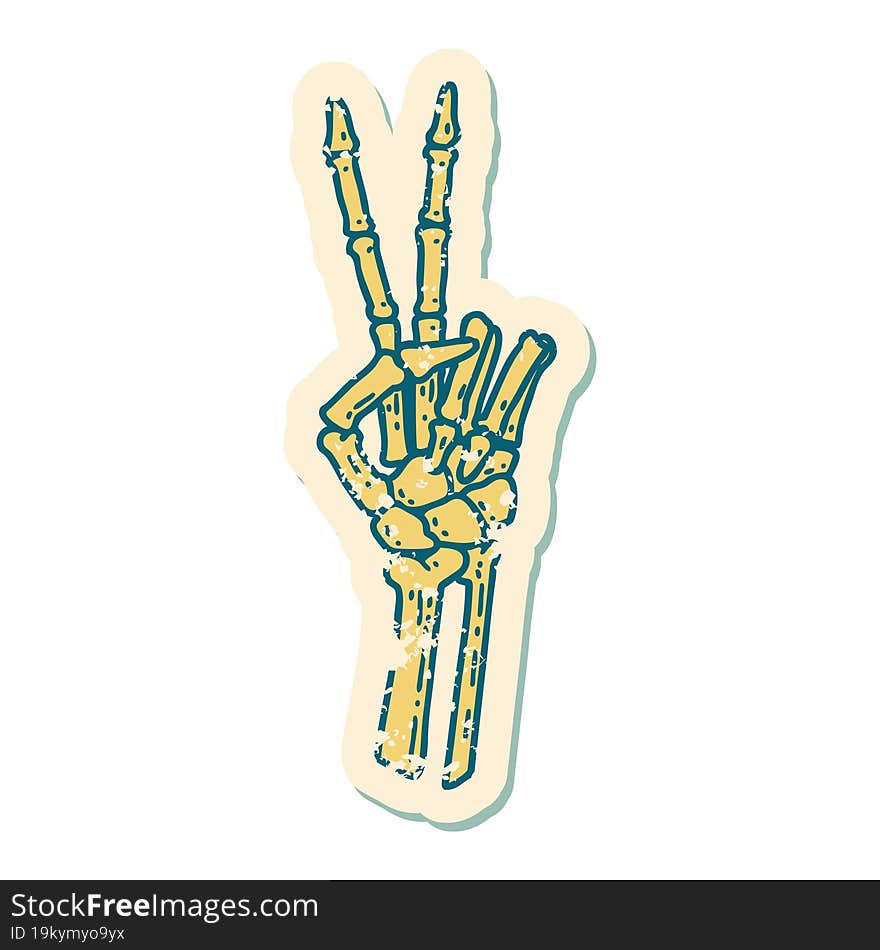 distressed sticker tattoo style icon of a skeleton hand giving a peace sign