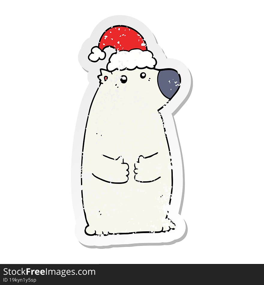 distressed sticker of a cartoon bear wearing christmas hat