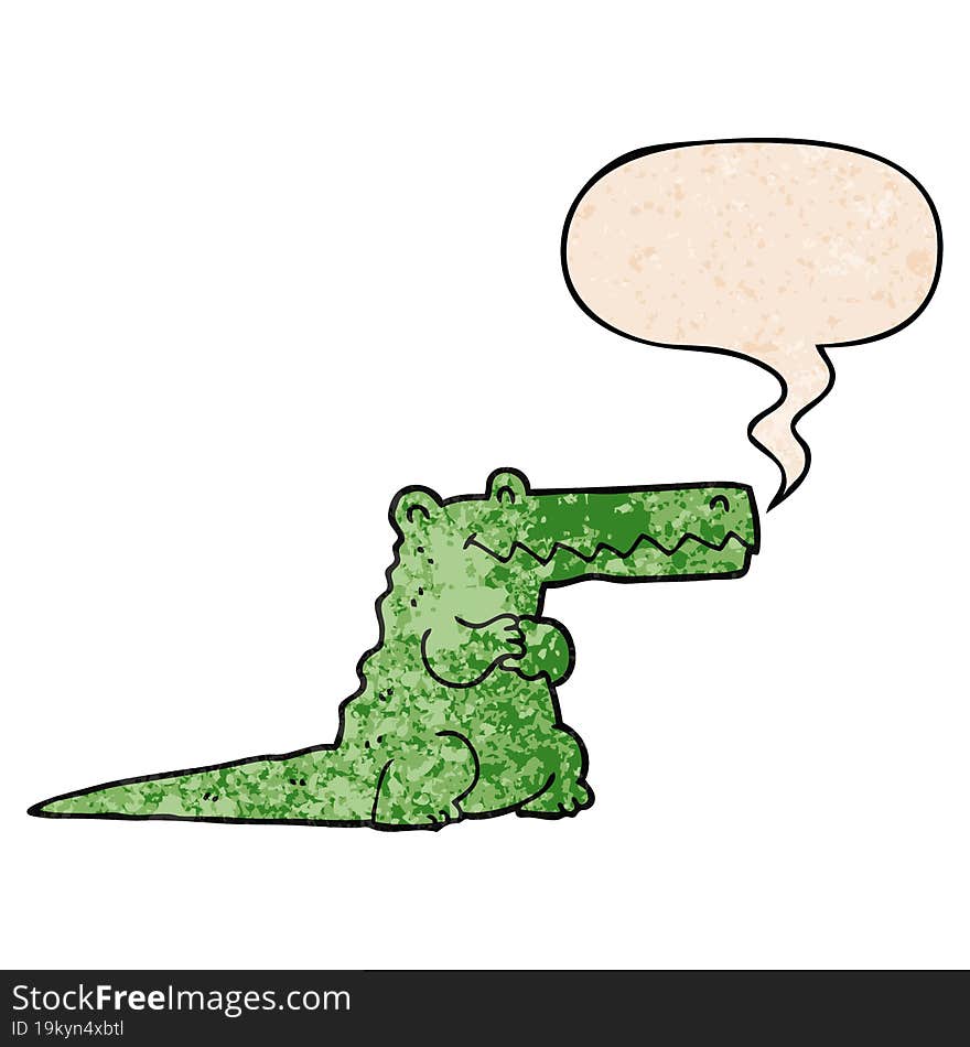 cartoon crocodile and speech bubble in retro texture style