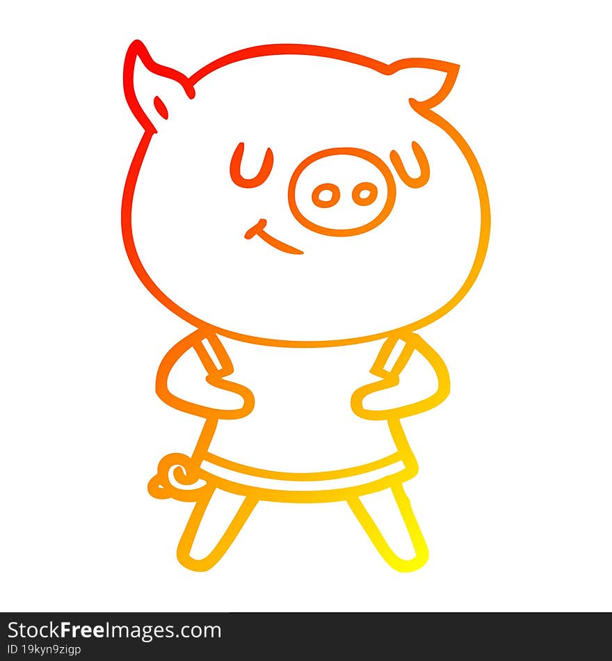 warm gradient line drawing of a happy cartoon pig