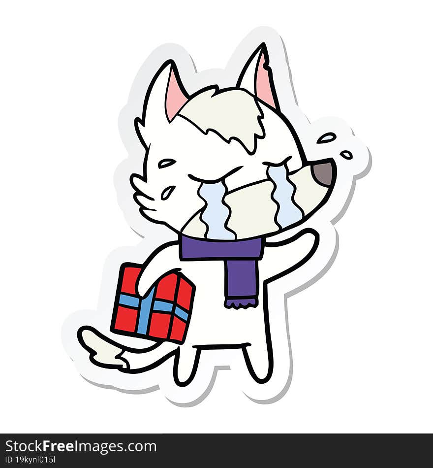 Sticker Of A Cartoon Crying Wolf With Christmas Present